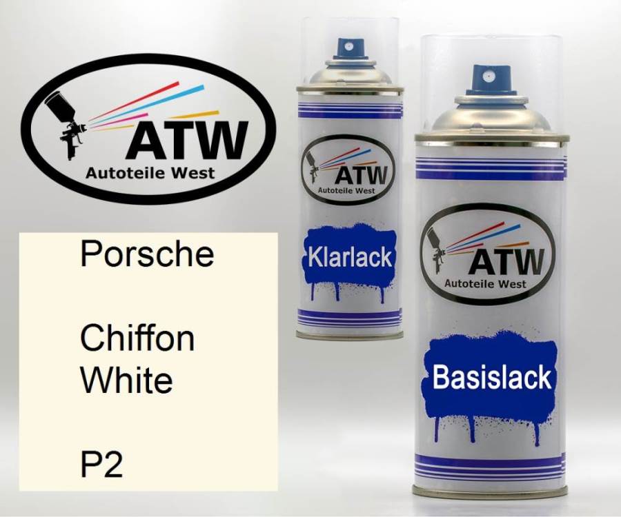 Porsche, Chiffon White, P2: 400ml Sprühdose + 400ml Klarlack - Set, von ATW Autoteile West.